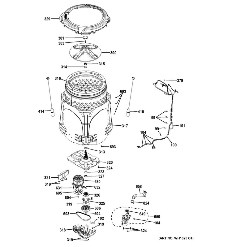 Tub & Motor Diagram and Parts List for GTW490ACJ1WS  General Electric Washer