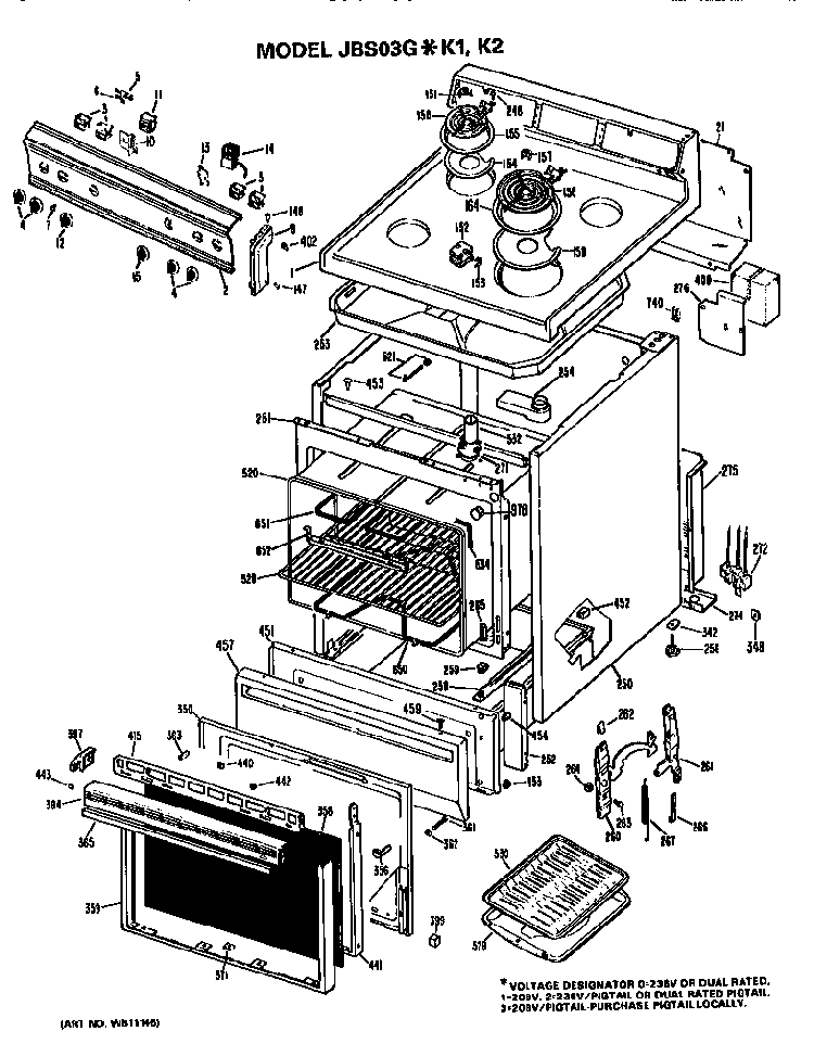 Main Body/cooktop/controls Diagram and Parts List for JBS03GK1  General Electric Range