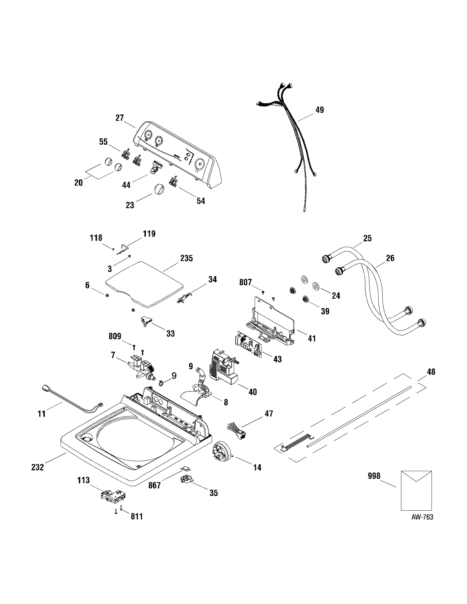 CONTROLS & COVER Diagram and Parts List for MERE1065H1WW  General Electric Washer