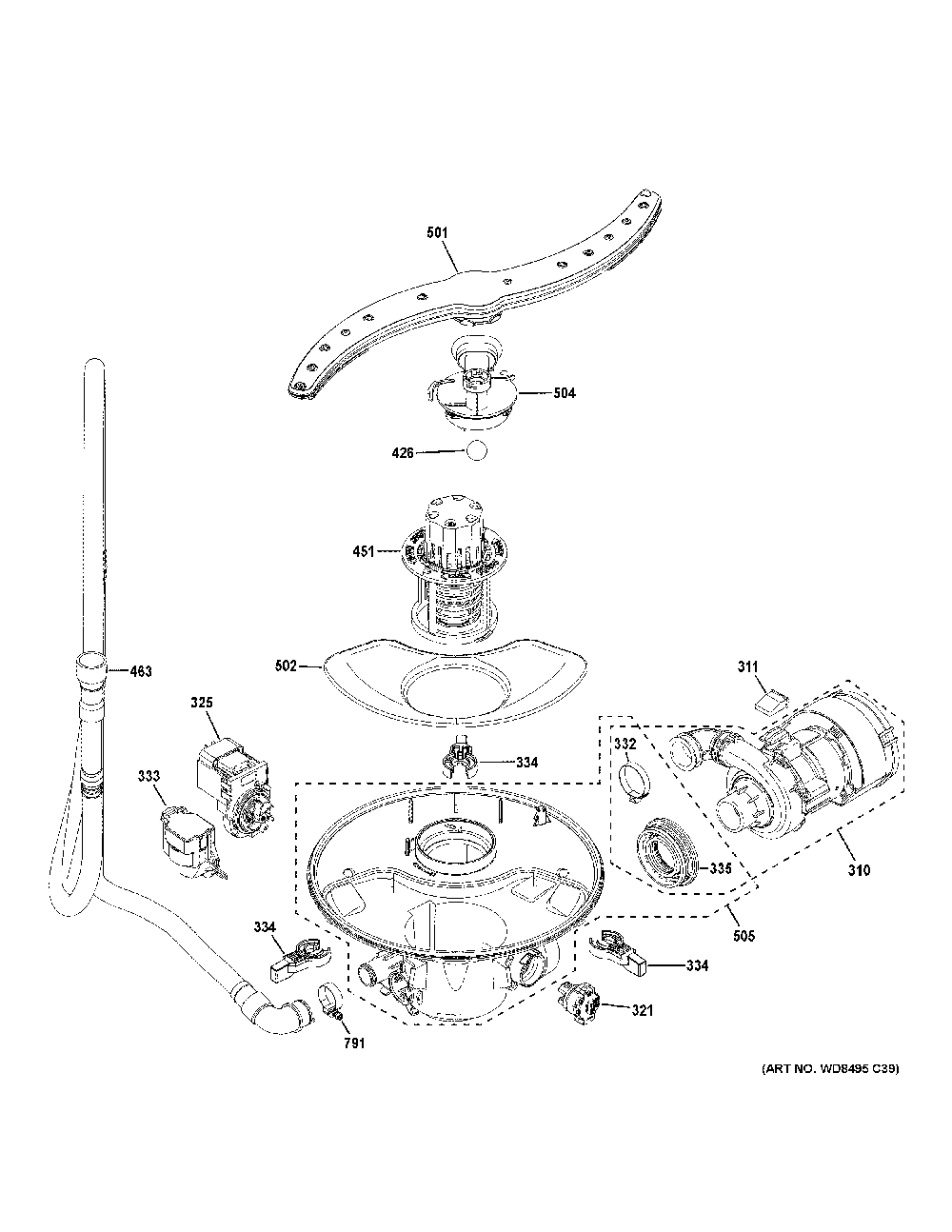 Motor, Sump And Filter Assembly Diagram and Parts List for GDT535PGR3WW  General Electric Dishwasher
