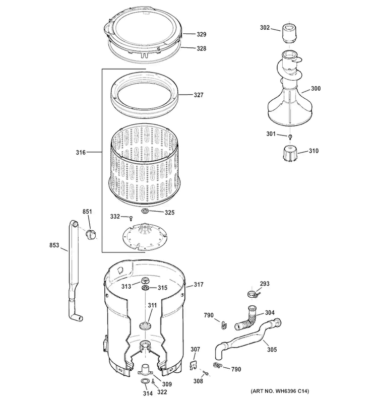 Tub, Basket & Agitator Diagram and Parts List for GTWN2800D2WW  General Electric Washer