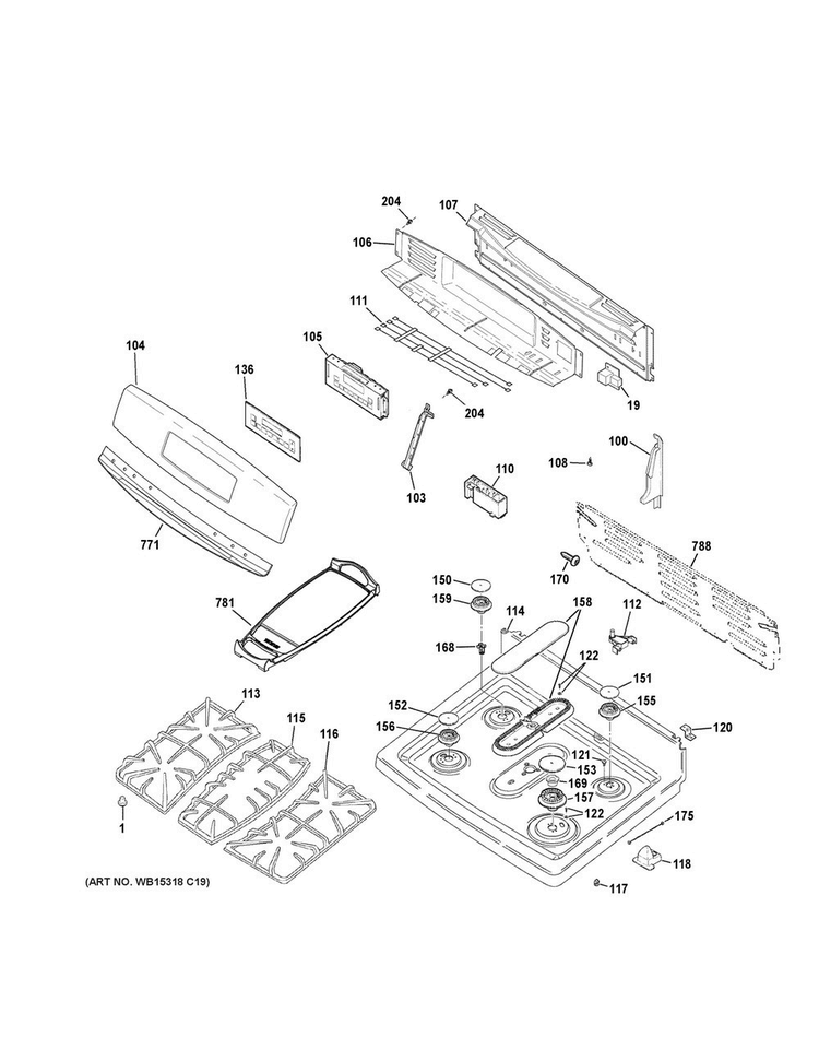 Control Panel & Cooktop Diagram and Parts List for JGB760EEF1ES  General Electric Range