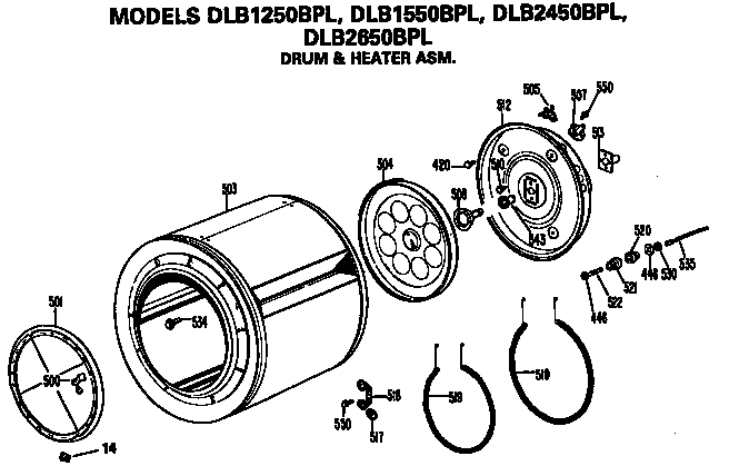 Drum And Heater Assembly Diagram and Parts List for DLB2450BPL  Hotpoint Dryer