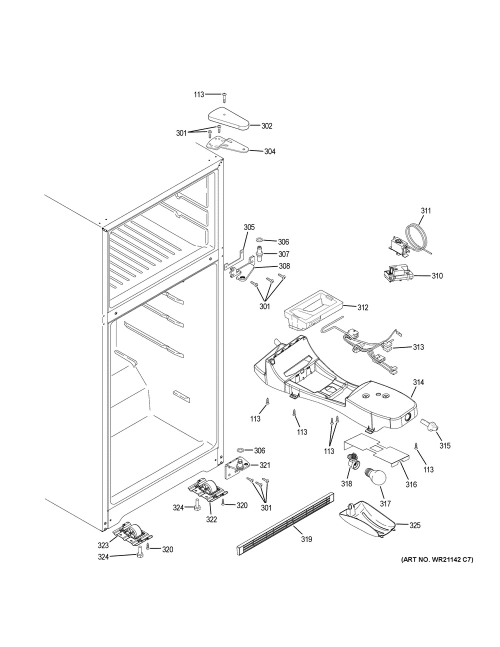 Fresh Food Section Diagram and Parts List for GTS18FGLCWW  General Electric Refrigerator