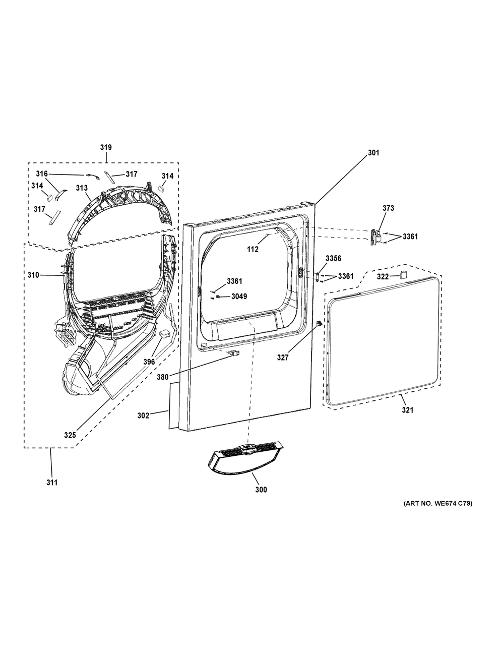 Front Panel And Door Diagram and Parts List for VTD52EASR1WB  General Electric Dryer