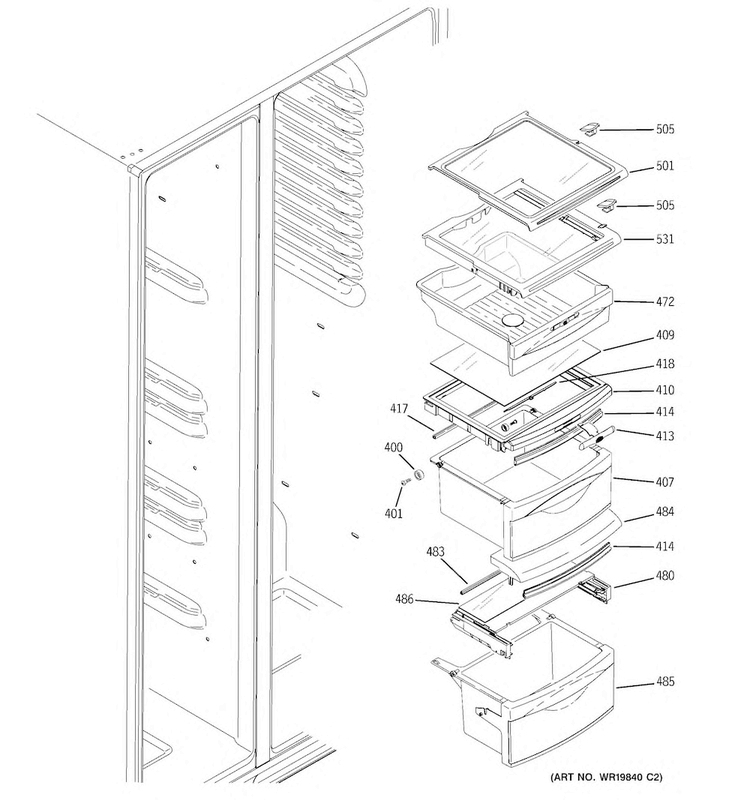Fresh Food Shelves Diagram and Parts List for GSE25HGHBHWW  General Electric Refrigerator