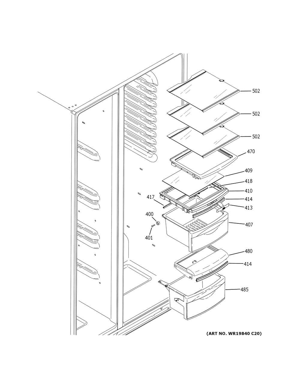 Fresh Food Shelves Diagram and Parts List for GSS25IGNBHWW  General Electric Refrigerator
