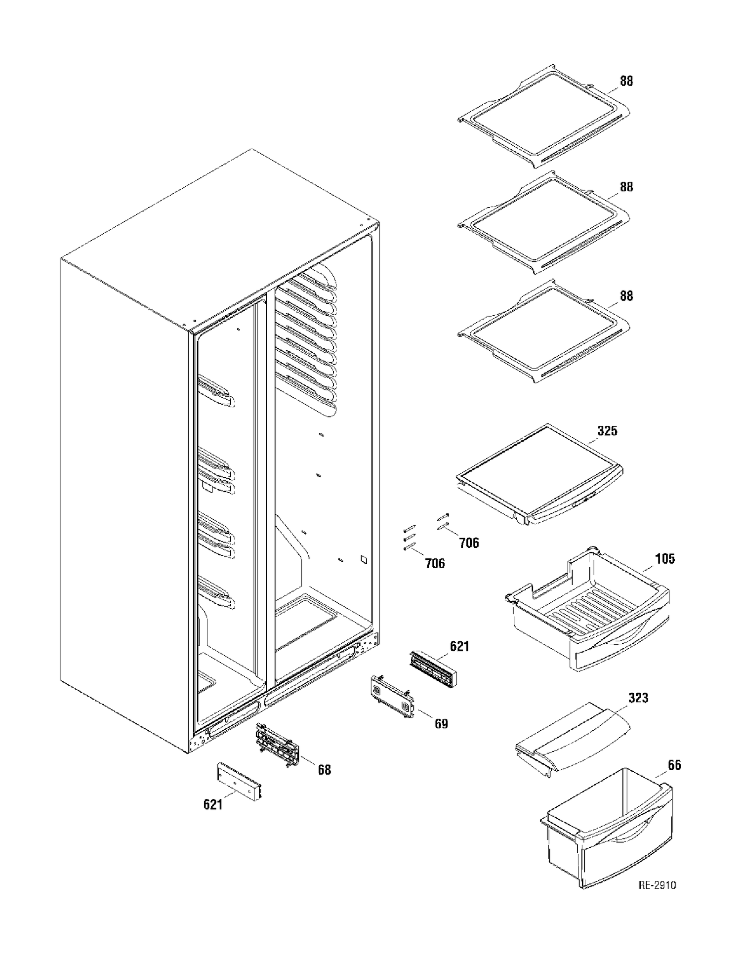 FF SHELVES Diagram and Parts List for GSR23YBWASS  General Electric Refrigerator