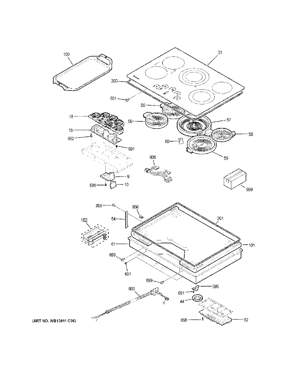 Control panel & cooktop Diagram and Parts List for ZEU30RSJ3SS  General Electric Cooktop