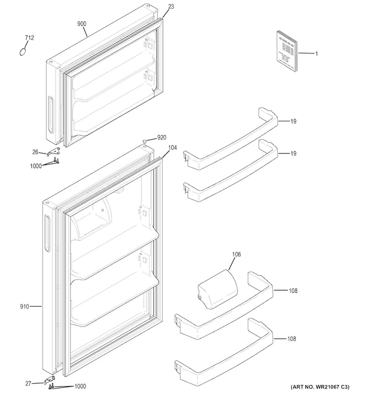 Doors Diagram and Parts List for GPE16DTHCRWW  General Electric Refrigerator