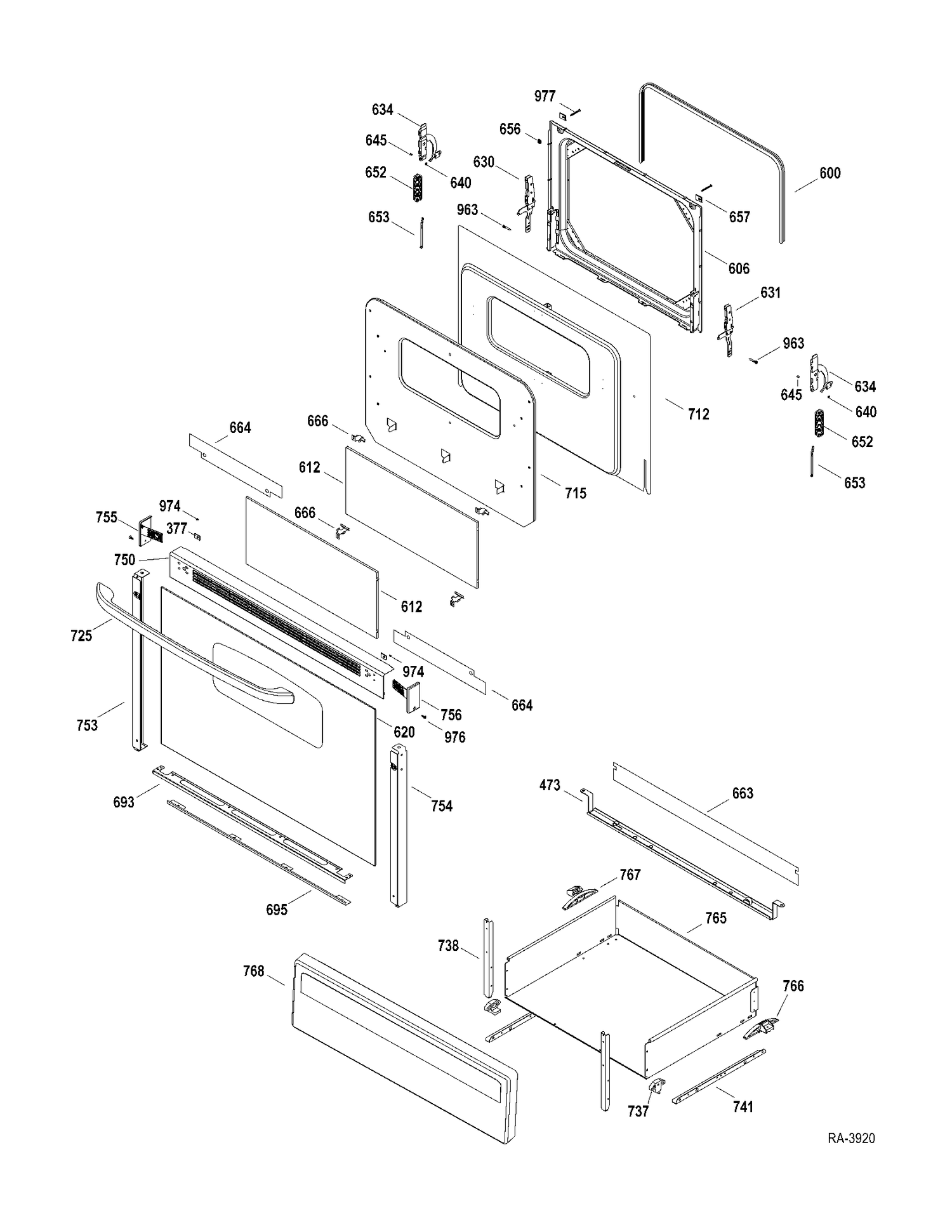 DOOR-DRAWER Diagram and Parts List for JCBP23DM2WW  General Electric Range