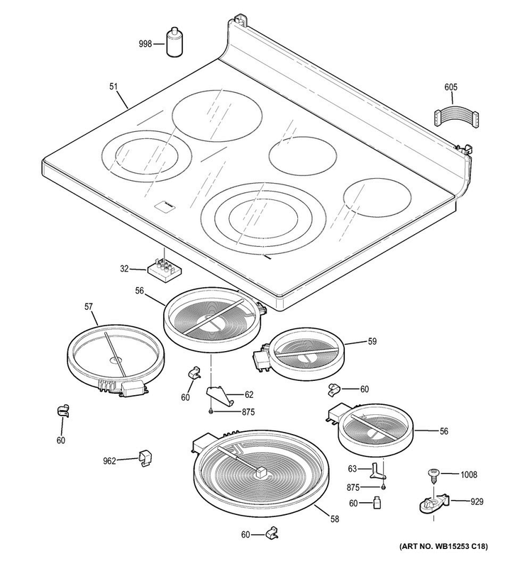 Cooktop Diagram and Parts List for PB930SJ1SS  General Electric Range