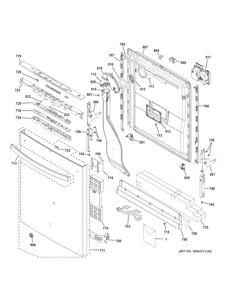 Escutcheon & Door Assembly Diagram and Parts List for GDT590SMJ7ES  General Electric Dishwasher