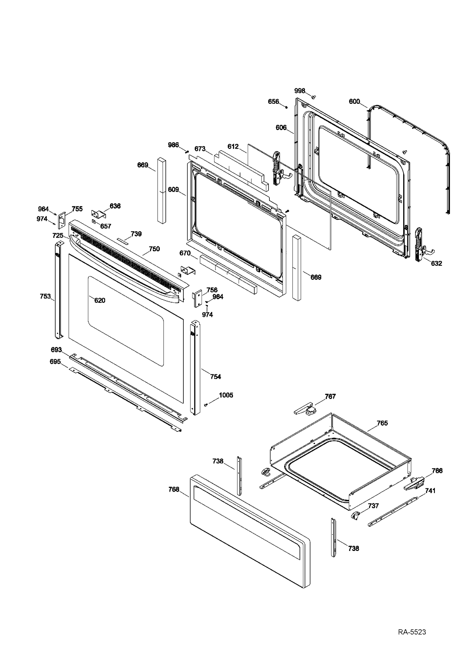 DOOR & DRAWER Diagram and Parts List for MCBS585DR3WW  General Electric Range
