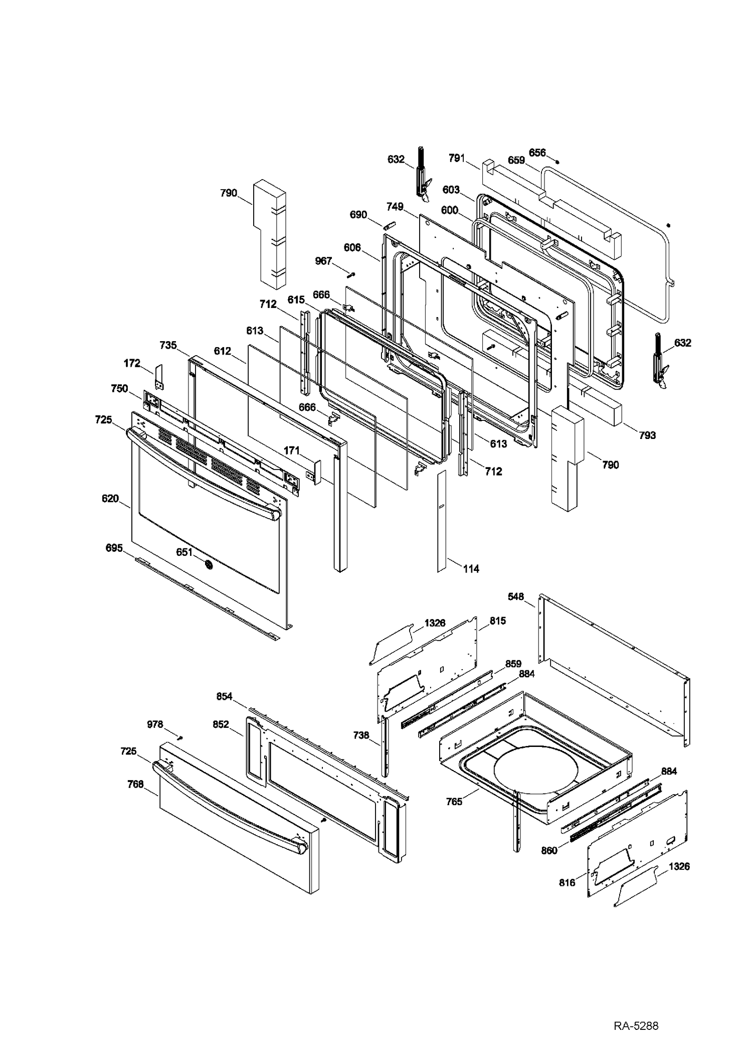 DOOR & DRAWER Diagram and Parts List for JCB840SF1SS  General Electric Range