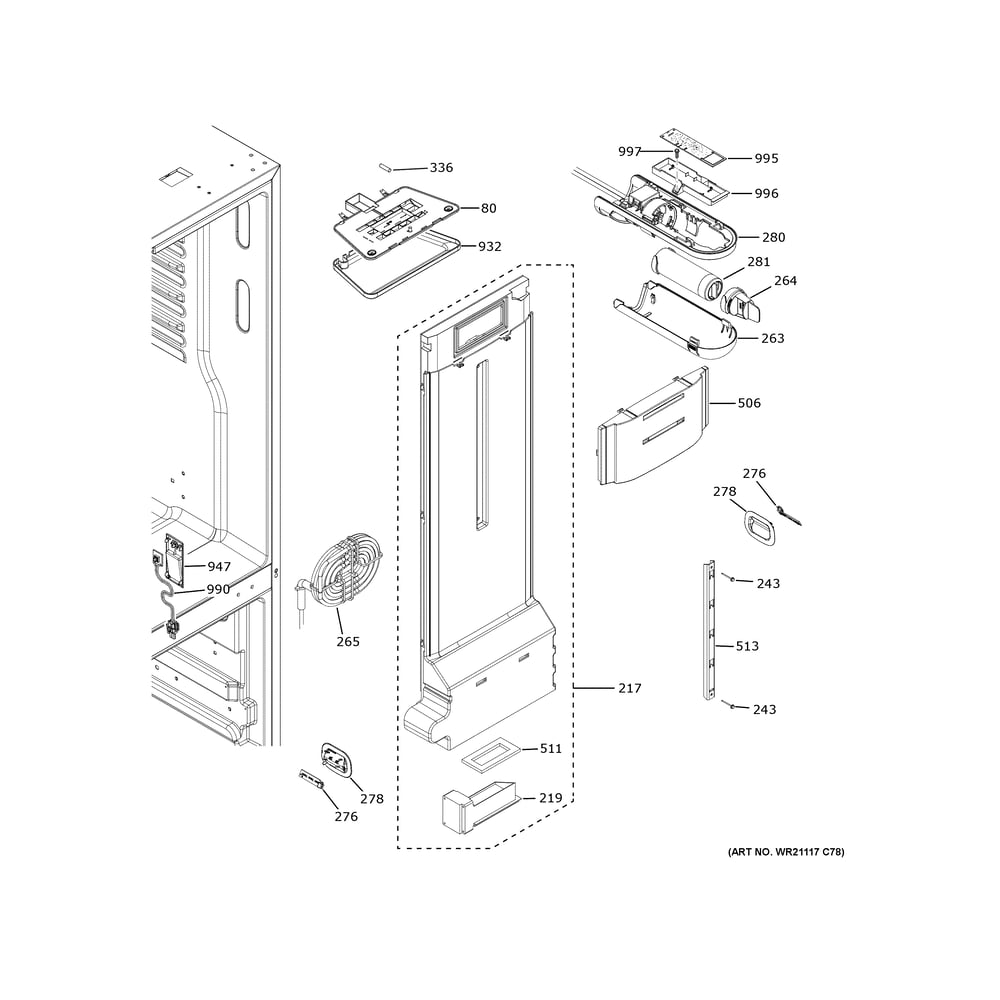 Fresh Food Section Diagram and Parts List for GNE27JGMZFBB  General Electric Refrigerator
