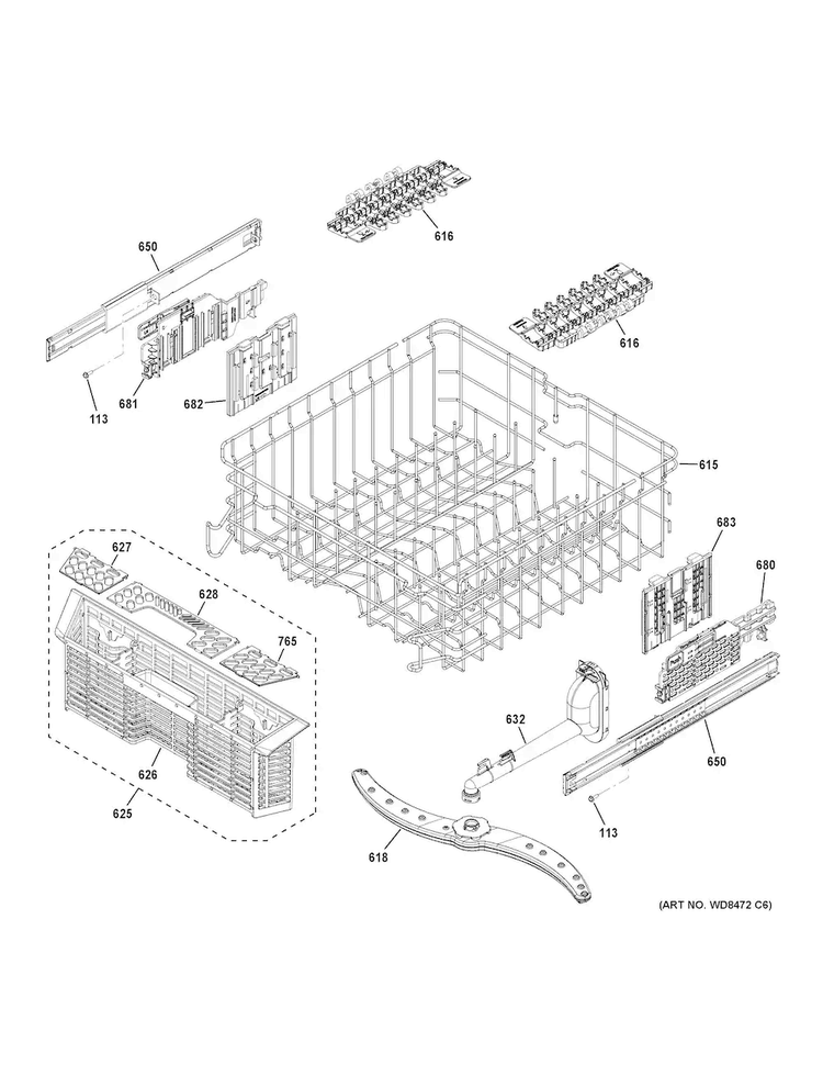 Upper Rack Assembly Diagram and Parts List for GDF570SSF2SS  General Electric Dishwasher