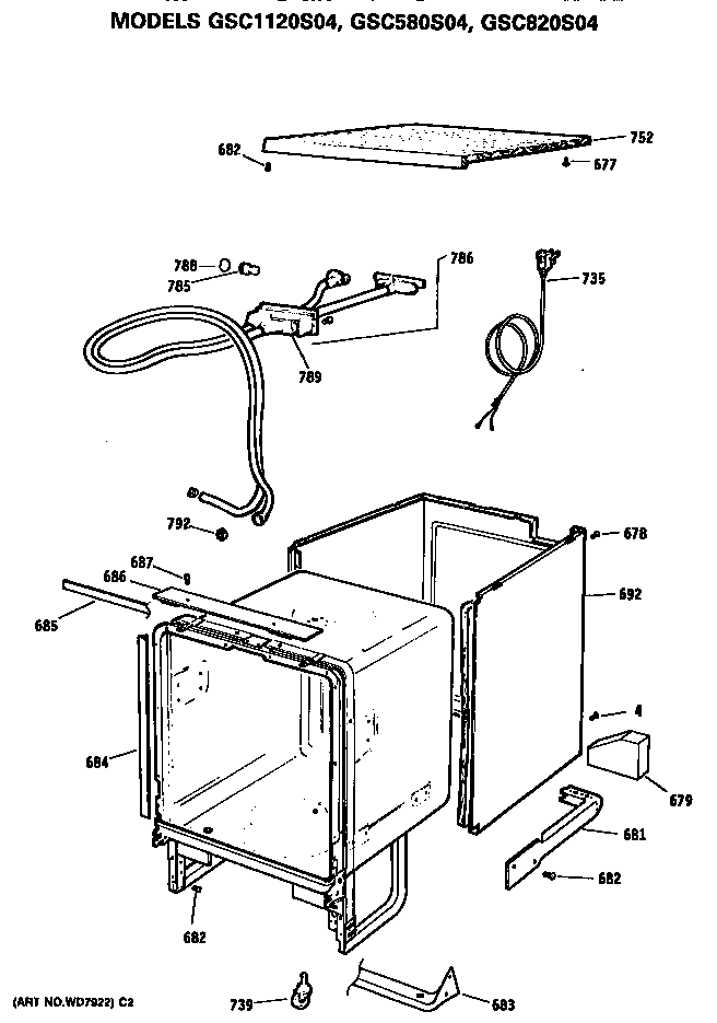Cord/tub Panels Diagram and Parts List for GSC580S04  General Electric Dishwasher