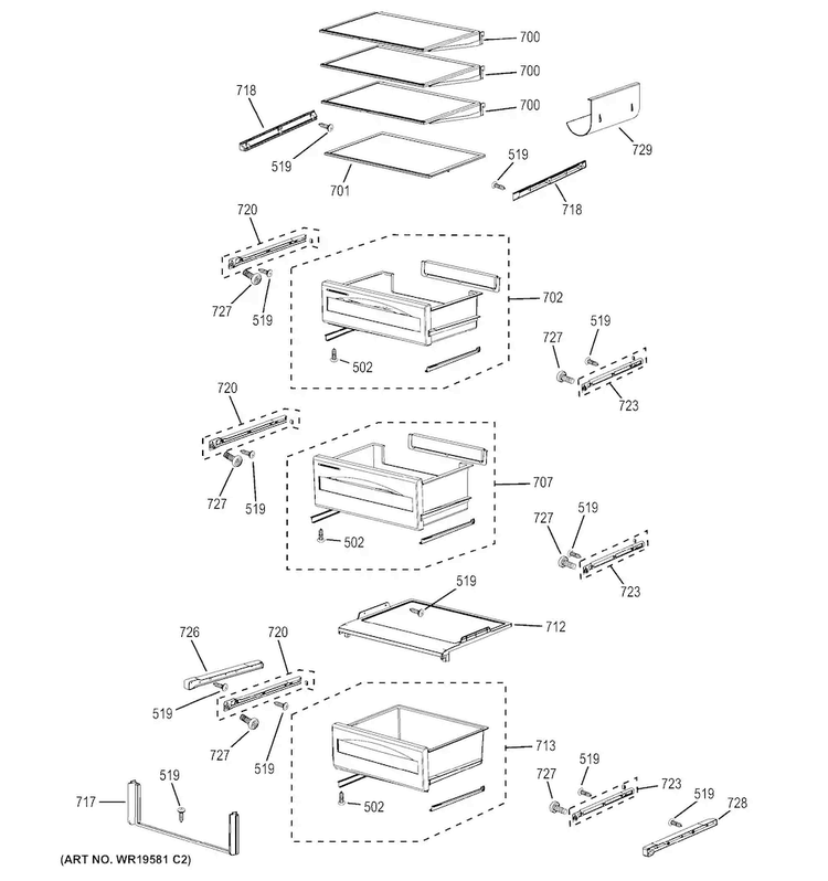 Fresh Food Shelves Diagram and Parts List for PSB48YSHASS  General Electric Refrigerator