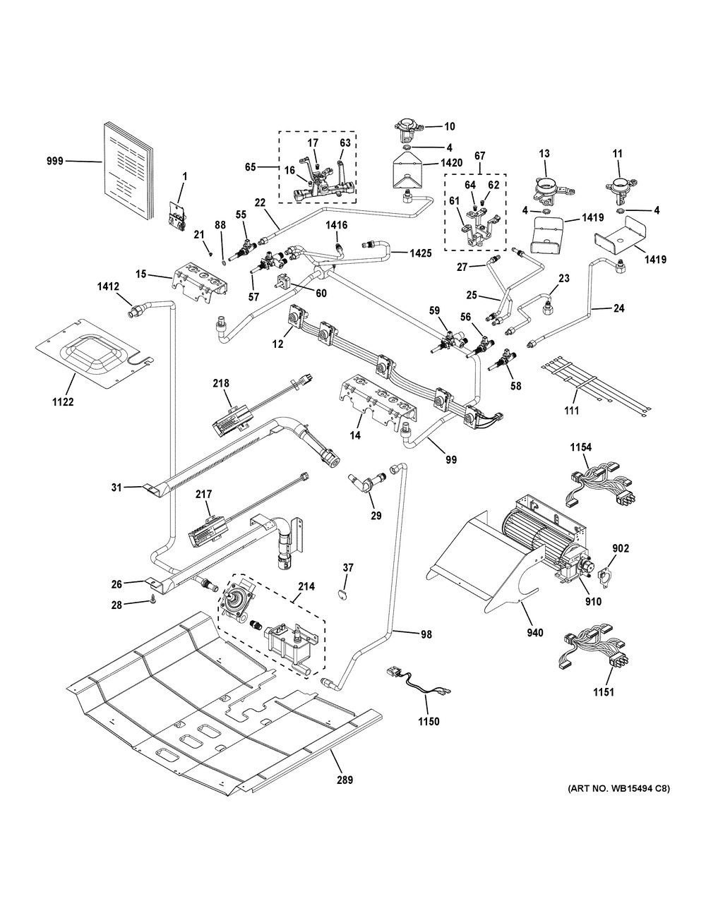 Gas & Burner Parts Diagram and Parts List for PGS930FEL1DS  General Electric Range