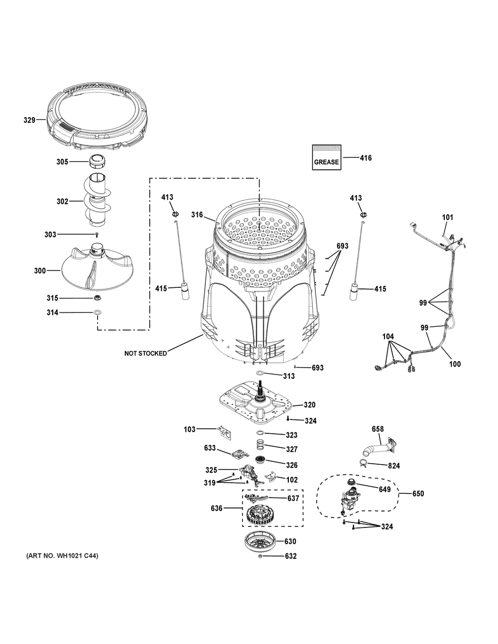 Tub And Motor Diagram and Parts List for GTW585BSV1WS  General Electric Washer