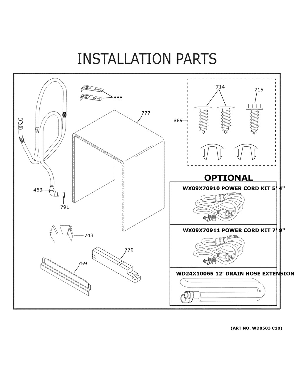 Installation Parts Diagram and Parts List for GDT535PGR6WW  General Electric Dishwasher