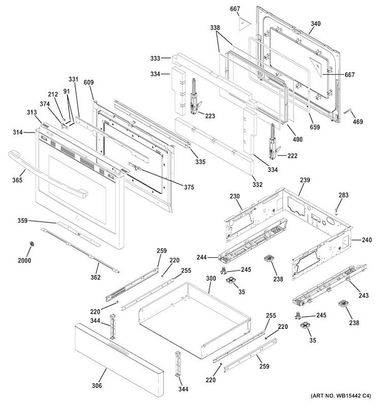 Door Diagram and Parts List for PGB911ZEJ1SS  General Electric Range
