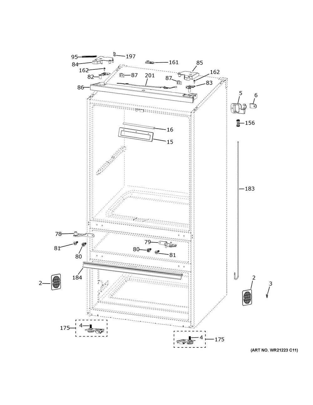 Case Parts Diagram and Parts List for CGE29DP2TBS1  General Electric Refrigerator