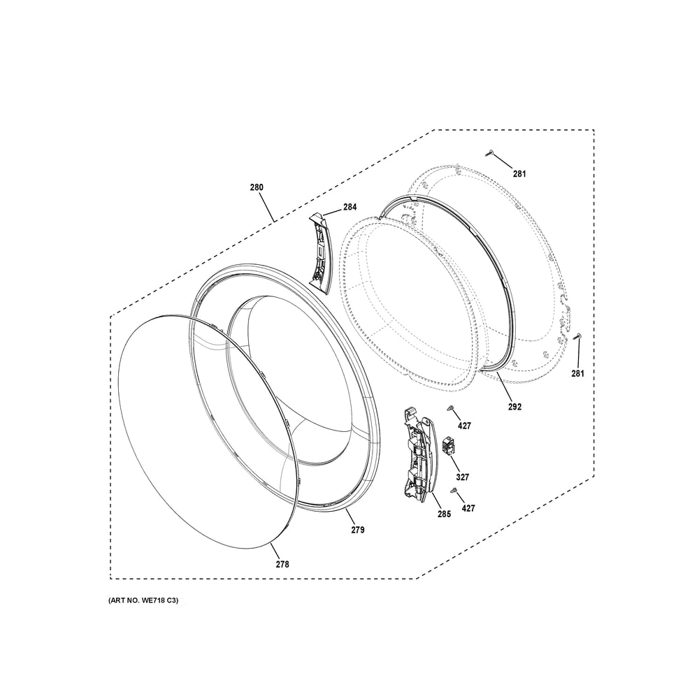 Door Diagram and Parts List for GFD55ESMN3WW  General Electric Dryer