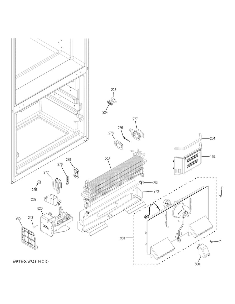 Freezer Section Diagram and Parts List for GNE21FGKAKBB  General Electric Refrigerator