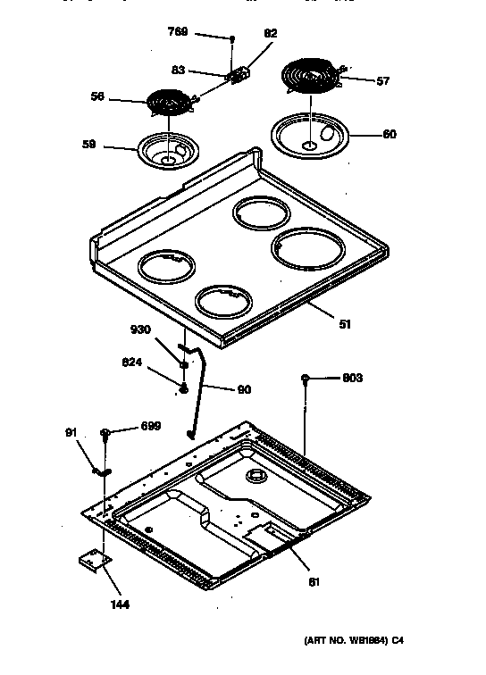 Main Top Section Diagram and Parts List for RB754YSAD  Hotpoint Range