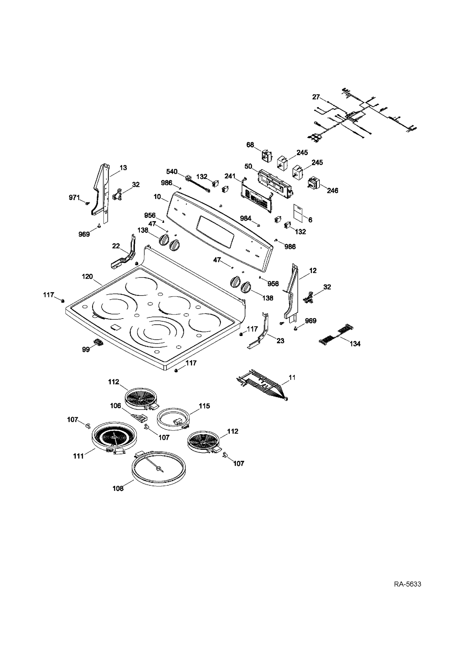 CONTROL PANEL & COOKTOP Diagram and Parts List for PCB905SV2SS  General Electric Range