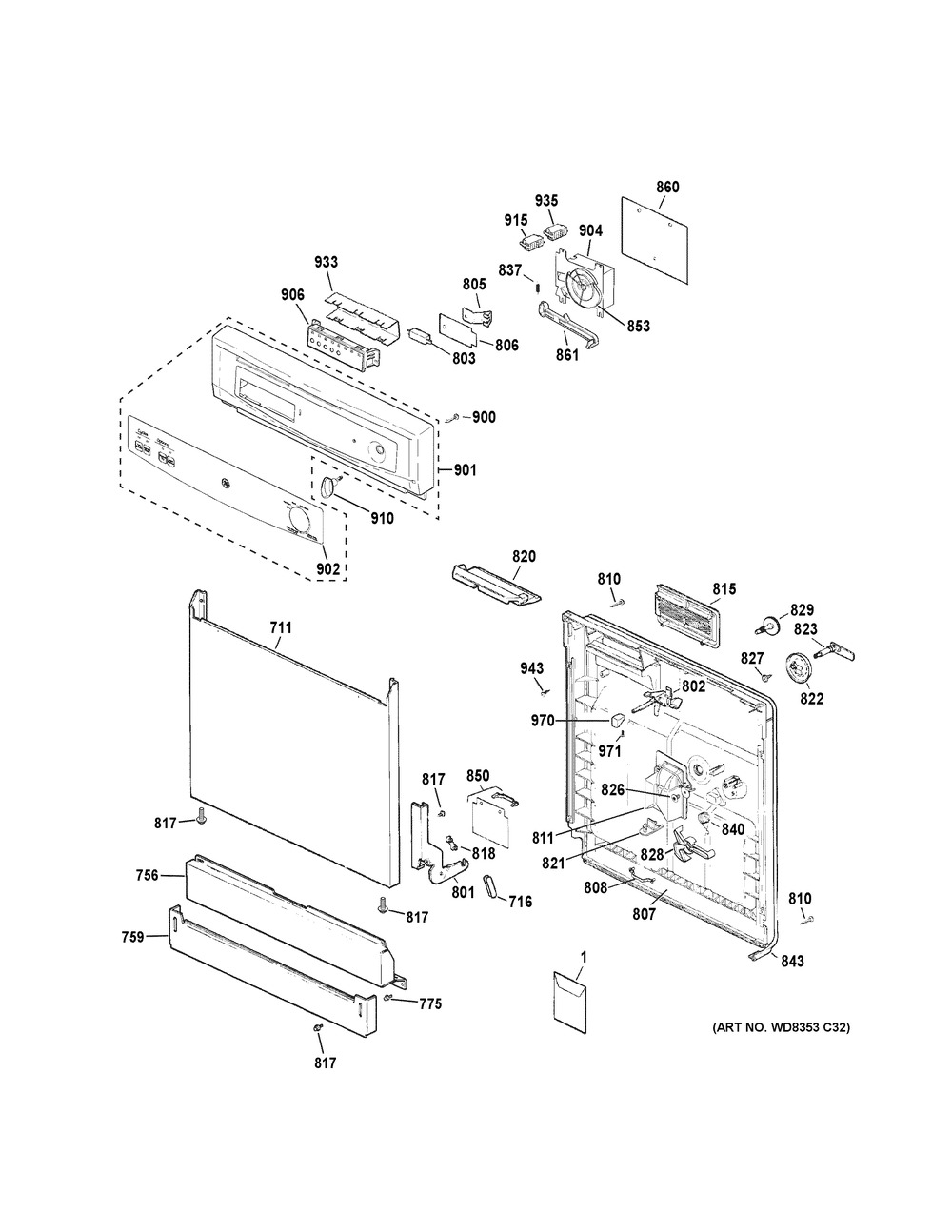 Escutcheon & Door Assembly Diagram and Parts List for GSD3300K55CC  General Electric Dishwasher