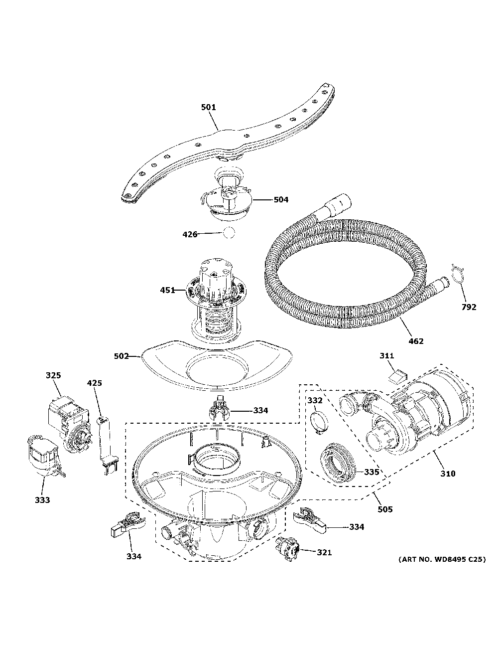 Motor, sump & filter assembly Diagram and Parts List for GDP615HYN4FS  General Electric Dishwasher