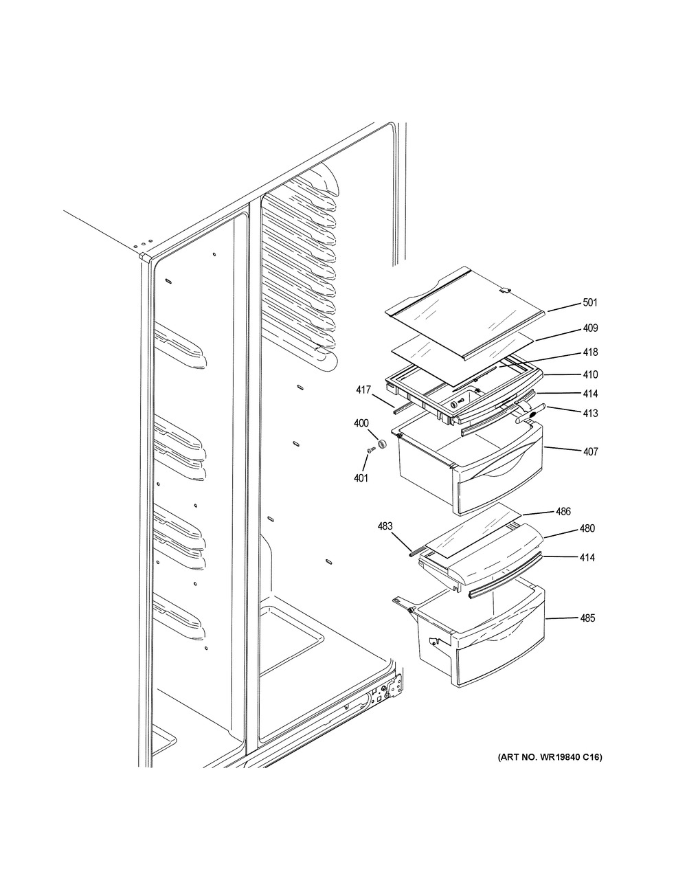 Fresh Food Shelves Diagram and Parts List for GSS25LSLKCSS  General Electric Refrigerator