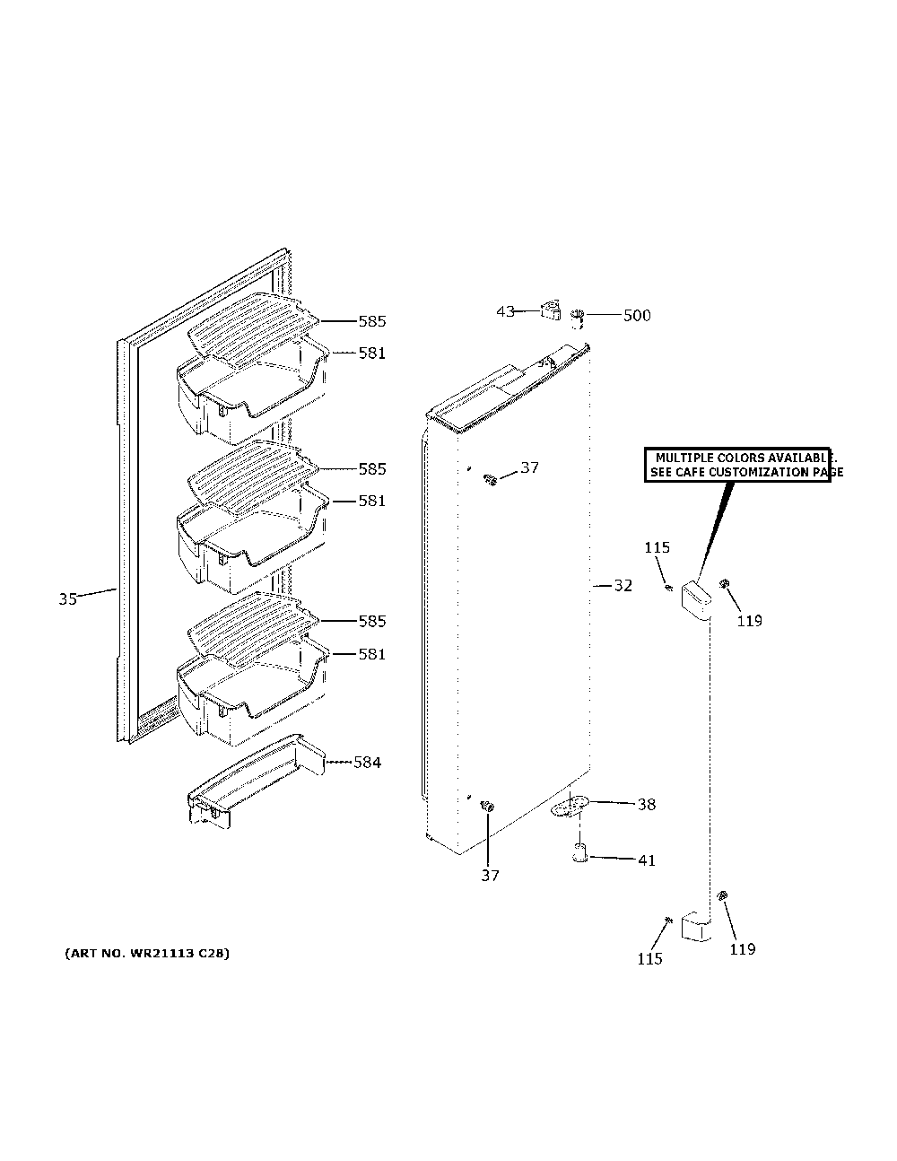Fresh food door - rh Diagram and Parts List for CFE26KP2NNS1  General Electric Refrigerator