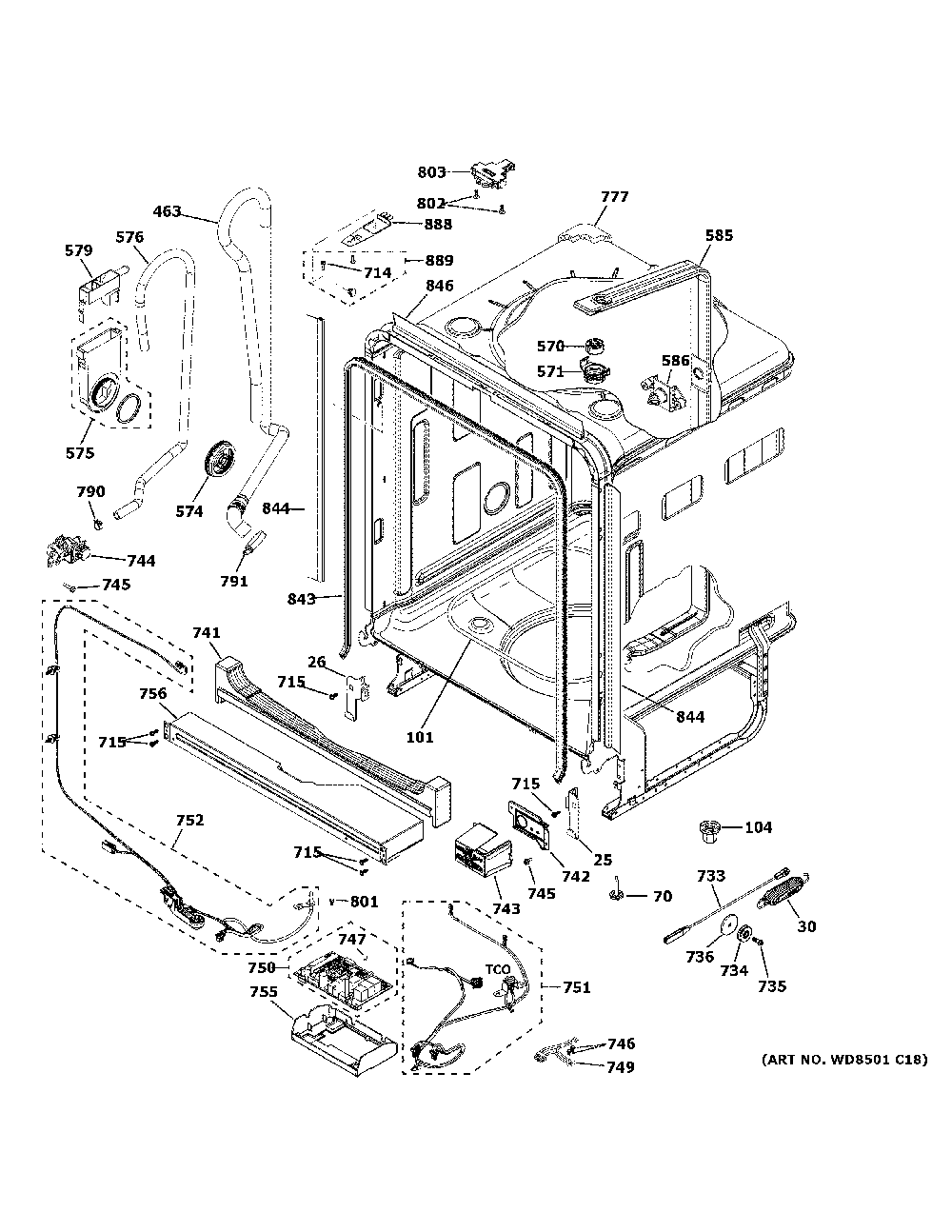Body parts Diagram and Parts List for CDT800P2N2S1  General Electric Dishwasher
