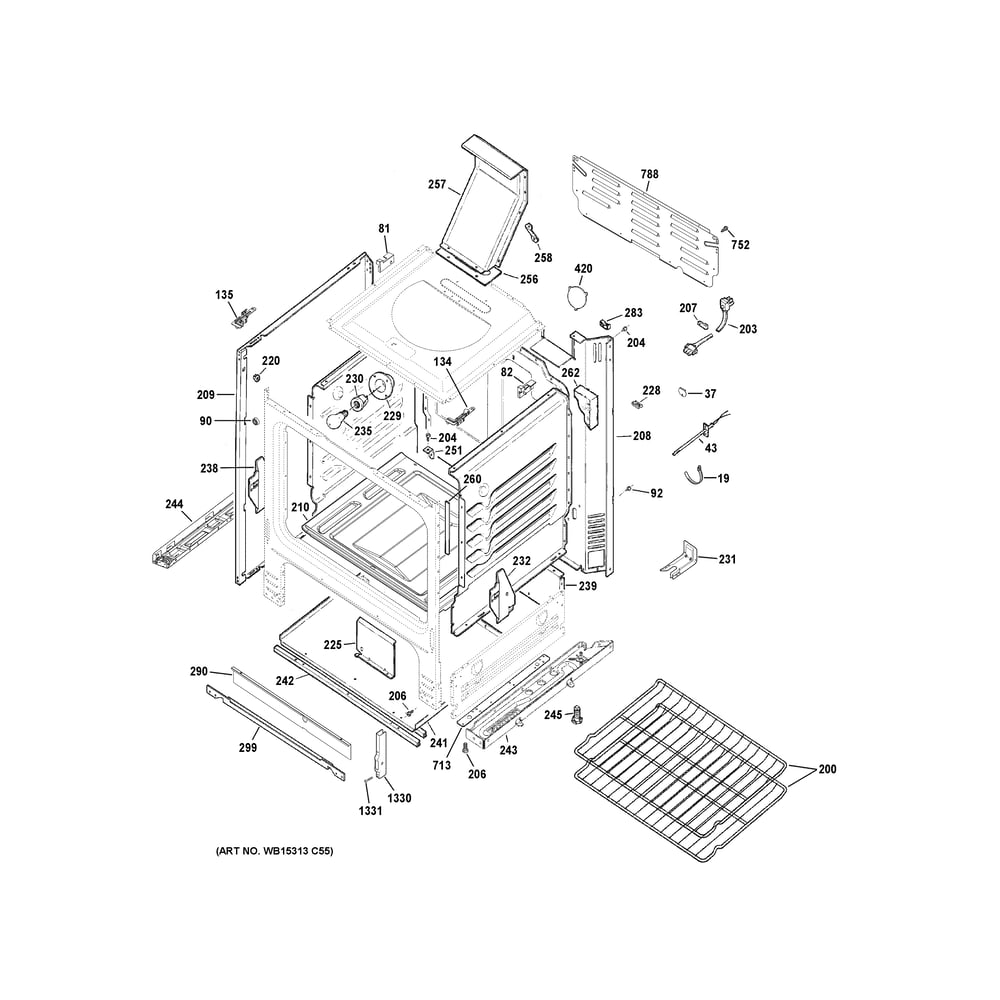 Body Parts Diagram and Parts List for JGBS61DP4WW  General Electric Range