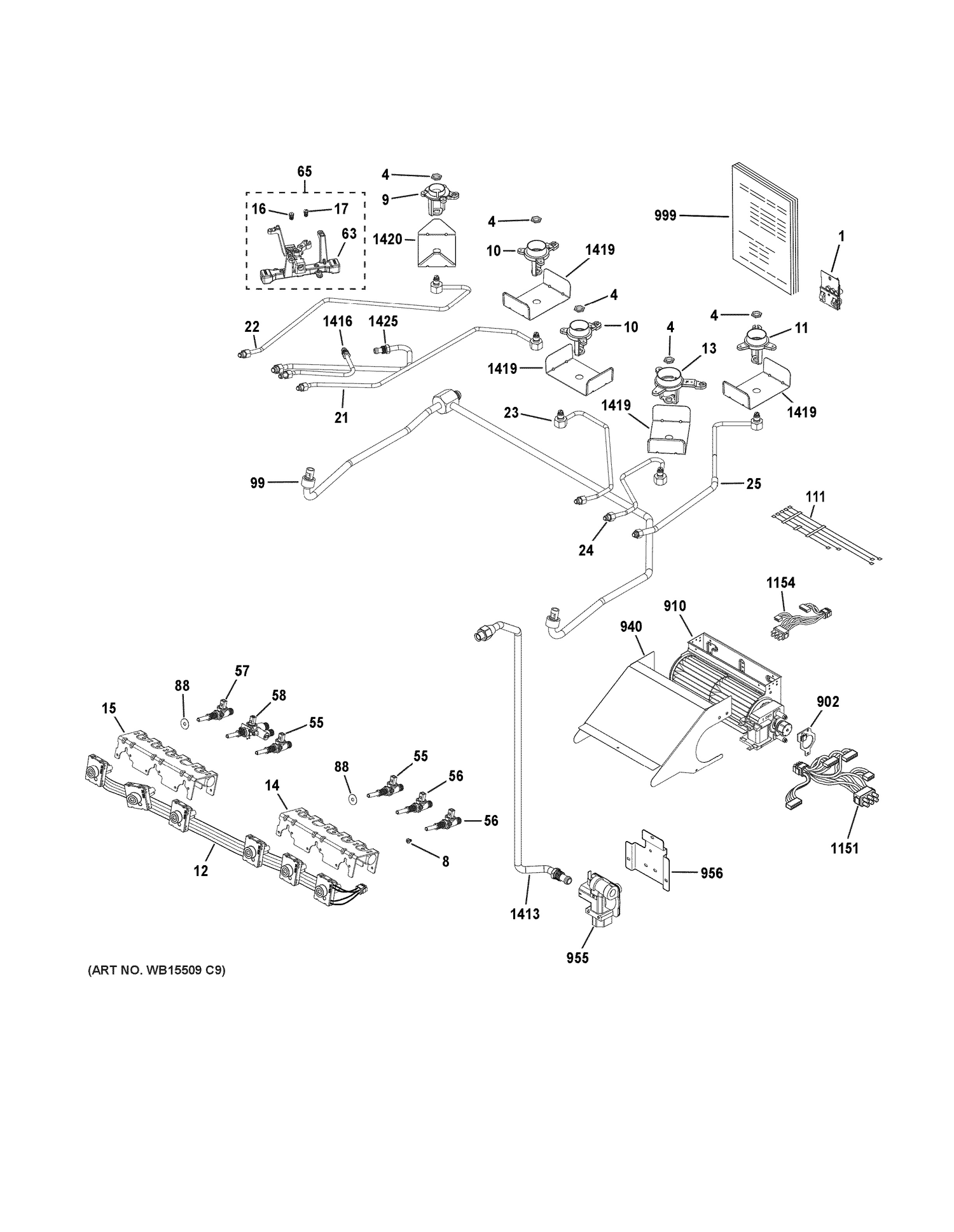 GAS & BURNER PARTS Diagram and Parts List for C2S986SEL1SS  General Electric Range