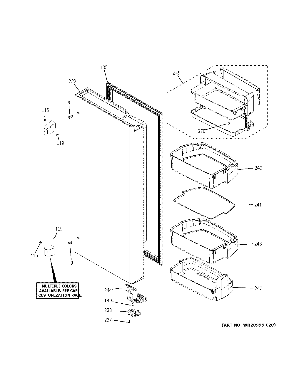 Fresh food door - rh Diagram and Parts List for CYE22TP4MEW2  General Electric Refrigerator