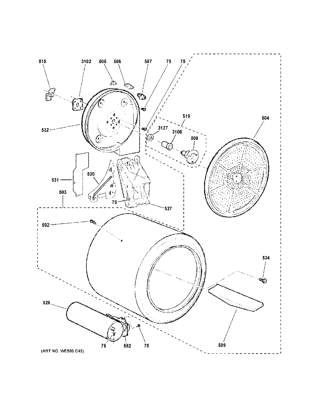 Drum Diagram and Parts List for GTD65GBSJ4WS  General Electric Dryer