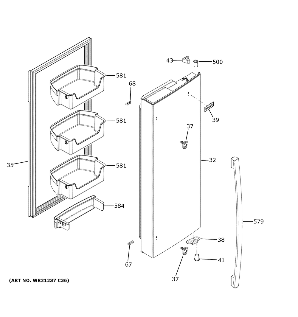 Fresh Food Door - Rh Diagram and Parts List for XNE25JGKTFBB  General Electric Refrigerator
