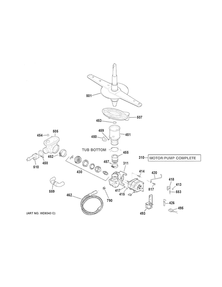 Motor-pump Mechanism Diagram and Parts List for GSD3300K00BB  General Electric Dishwasher