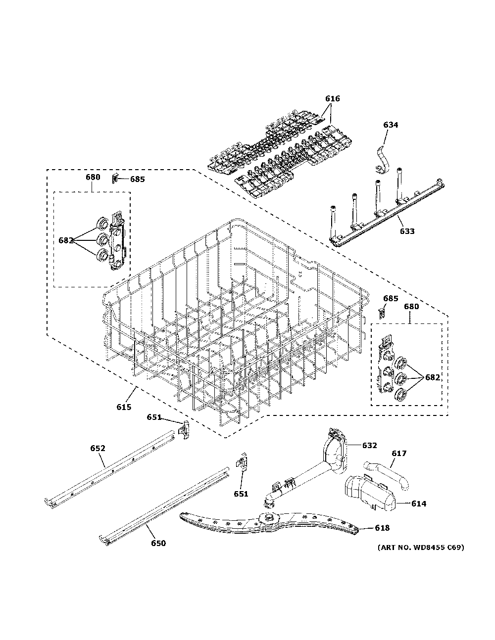 Upper rack assembly Diagram and Parts List for GDT645SFN2DS  General Electric Dishwasher