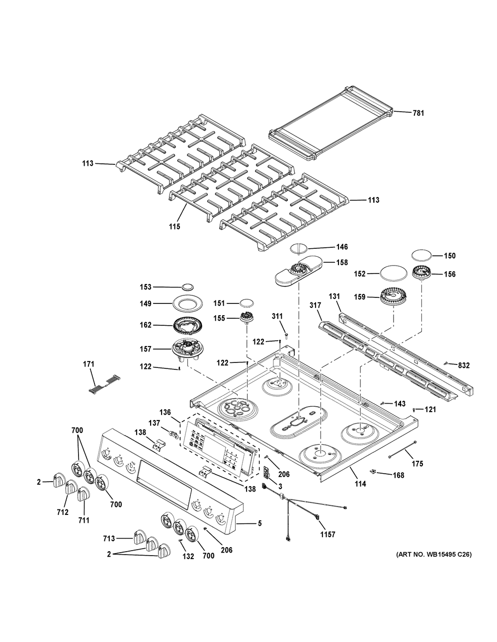 Control Panel And Cooktop Diagram and Parts List for P2S930YP7FS  General Electric Range