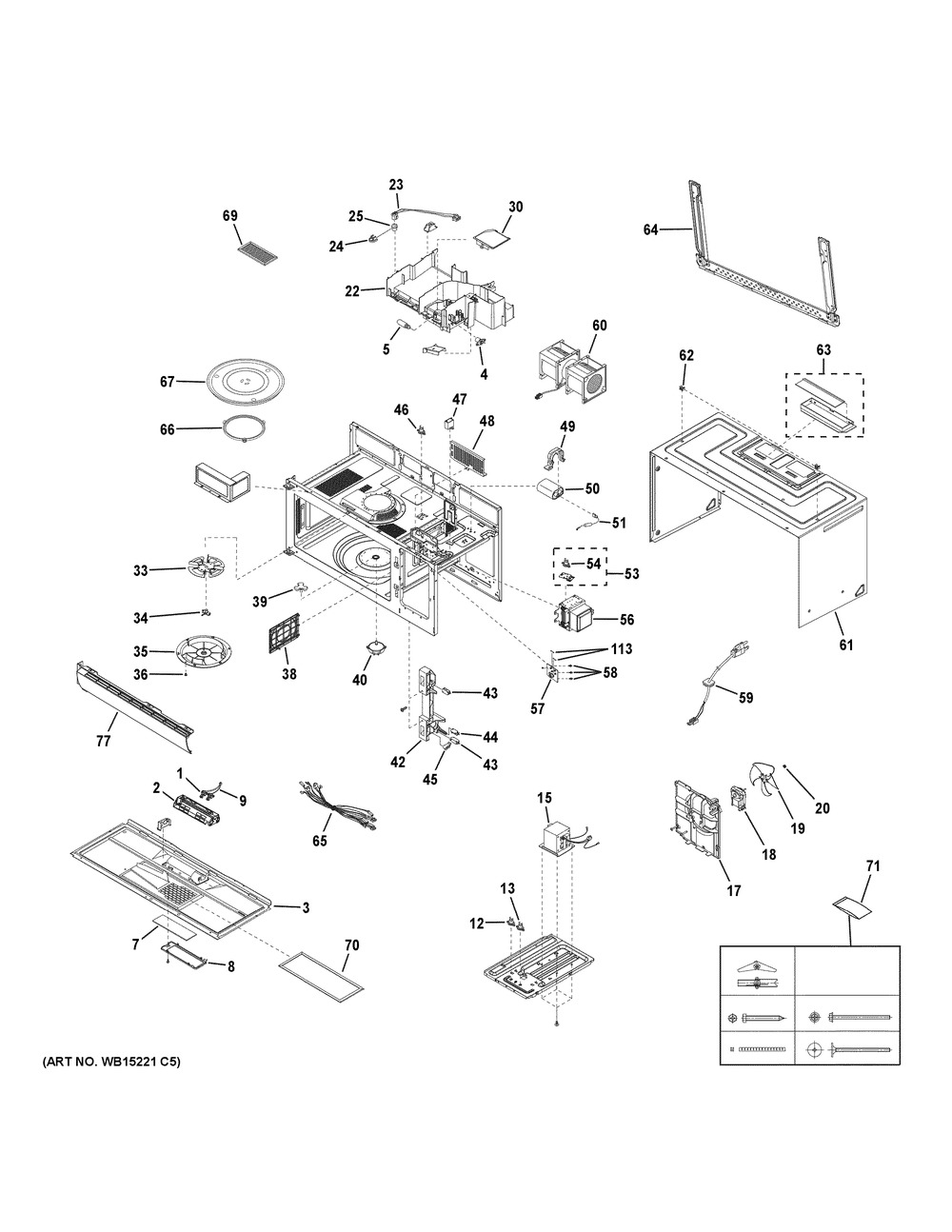 Oven Cavity Parts Diagram and Parts List for JVM6175DK3BB  General Electric Microwave