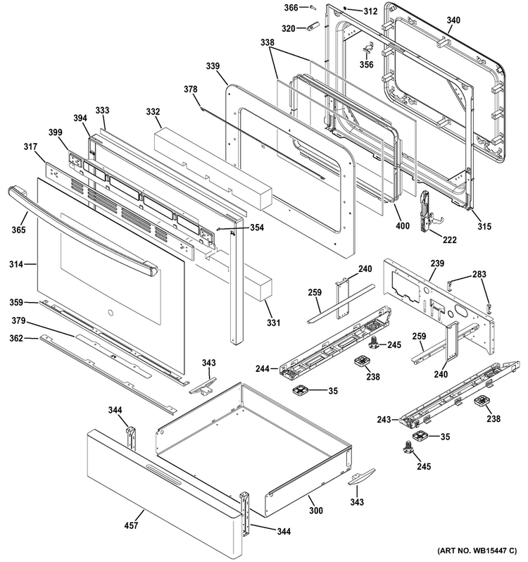 Door & Drawer Parts Diagram and Parts List for JGB700DEJ1WW  General Electric Range