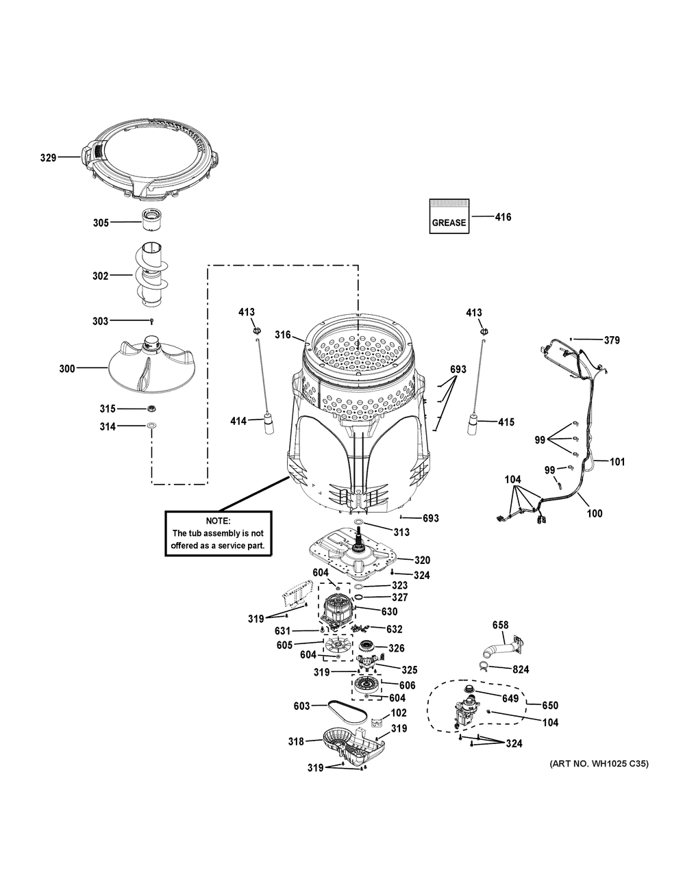 Tub And Motor Diagram and Parts List for GTW385ASW0WS  General Electric Washer