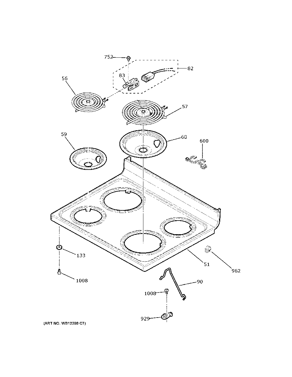 Cooktop Diagram and Parts List for JB258RM3SS  General Electric Range
