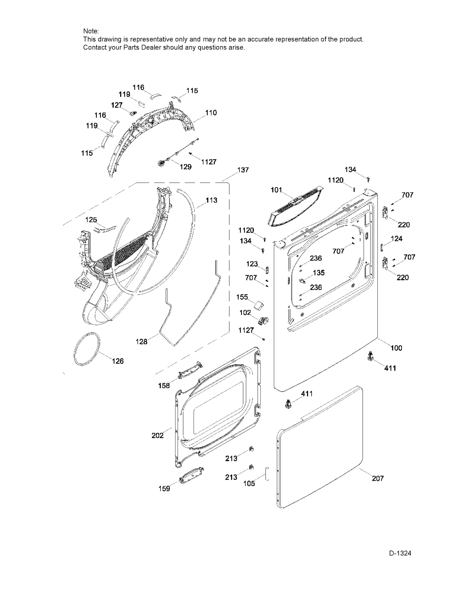 FRONT PANEL & DOOR Diagram and Parts List for GTD42GAMJ1WW  General Electric Dryer